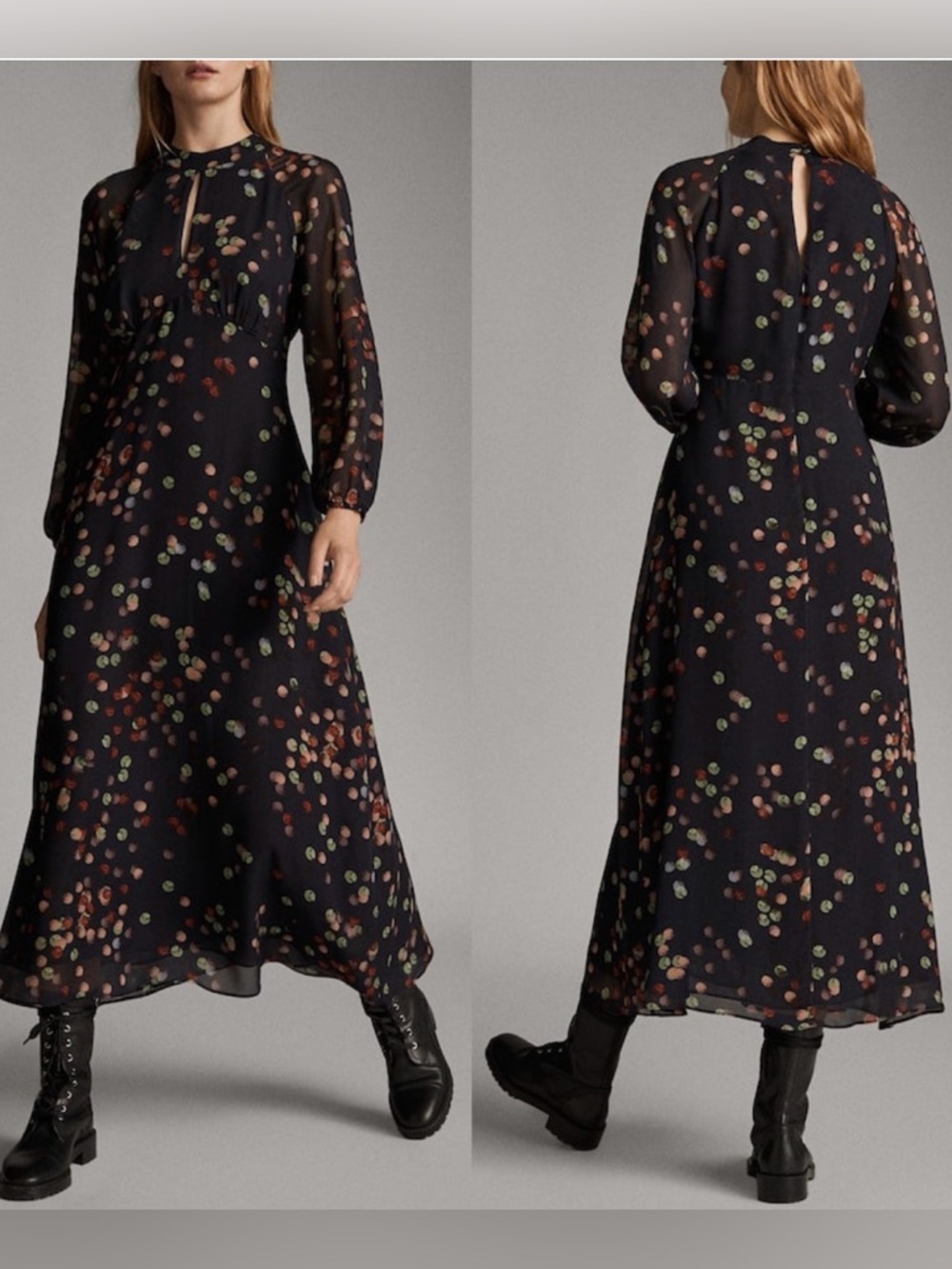 BNWT Massimo Dutti Black Maxi Dress with Multicolor Dot Print